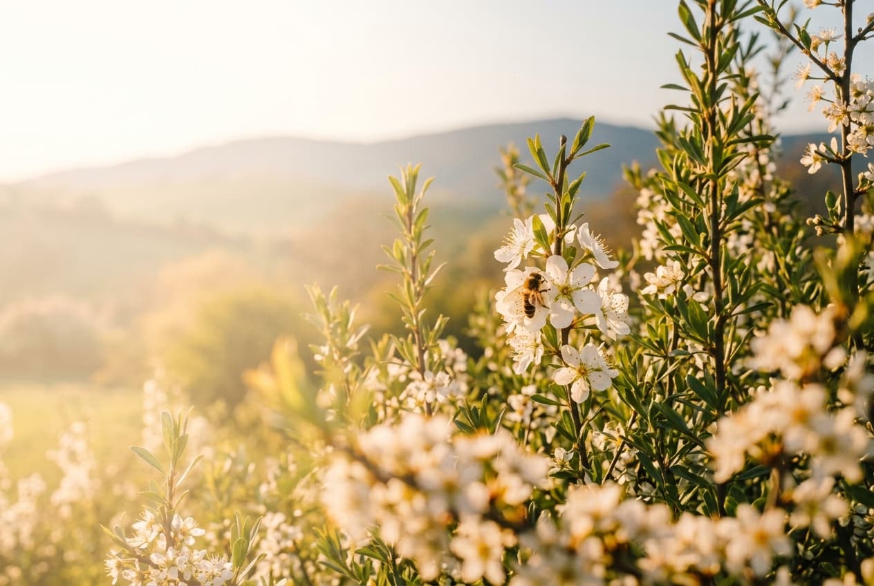 Blomstrende eng i morgenlys, med en bie på en hvit blomst